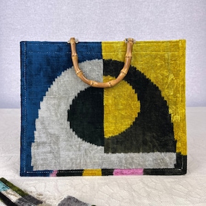 Geometric Ikat Bag | Shoulder Bag | Bamboo Ikat Bag | Strap Velvet Ikat Bag | Ikat Tote Bag | Silk Velvet Bag | Handmade Bag