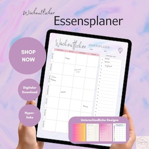 Op de afbeelding: Een digitale wekelijkse maaltijdplanner-sjabloon op een tabletopscherm. De sjabloon heeft een sectie voor elke dag van de week, met kolommen voor ontbijt, lunch, diner en snacks. Er is ook een sectie voor een boodschappenlijst. De sjabloon is beschikbaar om te downloaden.