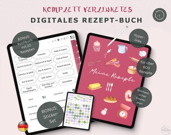 Digitales Rezeptbuch Deutsch, Rezeptbuch zum Selberschreiben, 120 plus digitale Sticker, für 650 Rezepte, Goodnotes, Essensplaner, Kochbuch