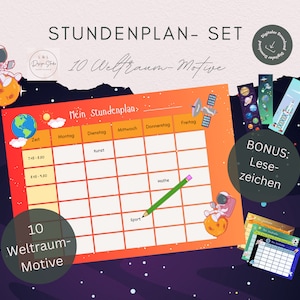 Timetable for children with ten space motifs and three free bookmarks as a digital download to print out, gift for school enrolment, school