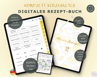 Rezeptbuch zum Selberschreiben, Digitales Rezeptbuch Deutsch, für 650 Rezepte, 120 plus digitale Sticker, Goodnotes, Xodo, Penly
