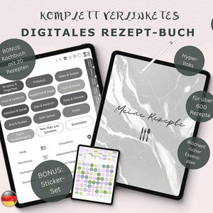 Rezeptbuch zum Selberschreiben, für 650 Rezepte, Digitales Rezeptbuch Deutsch, 120 plus digitale Sticker, Goodnotes, I Pad, Kochbuch, XODO
