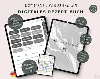 Rezeptbuch zum Selberschreiben, für 650 Rezepte, Digitales Rezeptbuch Deutsch, 120 plus digitale Sticker, Goodnotes, I Pad, Kochbuch, XODO
