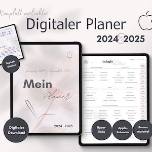 Puede incluir: Un planificador digital para los años 2024 y 2025. El planificador se muestra en la pantalla de una tableta y presenta un diseño floral rosa y blanco. El texto "Mein Planer" está escrito en letra cursiva. El planificador incluye hipervínculos, un calendario de Apple y material adicional.