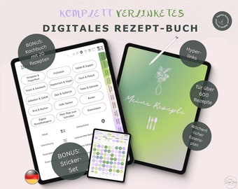 Digitales Rezeptbuch, deutsche Vorlage, 120 digitale Sticker, Rezept Buch zum Selberschreiben, 650 Rezepte, Goodnotes deutsch, Essensplaner