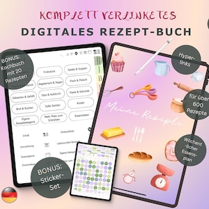 Pode incluir: Livro de receitas digital com mais de 600 receitas, exibido em tablets. Inclui um livro de receitas bónus com 20 receitas e um conjunto de autocolantes. A imagem apresenta ilustrações relacionadas com a culinária e o texto "Digital Recipe Book".