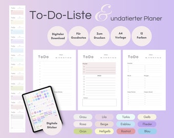 ToDo Liste | Goodnotes oder Drucken | Planer undatiert | Deutsche Vorlage A4 | Tagesplaner | Wochenpläne | Monatsplan | 12 Farben | Download