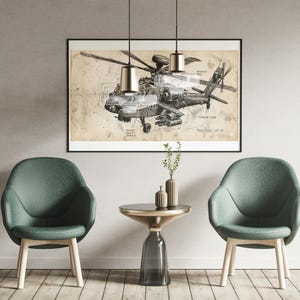 May include: A framed black and white blueprint of a helicopter hangs above a small table and two green armchairs. The blueprint is detailed with labels and a date. Two pendant lights hang above the table.