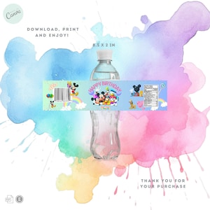 Könnte beinhalten: Wasserflaschenetikett mit Mickey Mouse und seinen Freunden. Das Etikett ist blau mit einem Regenbogen und einem rosafarbenen Happy Birthday Banner. Das Etikett ist 8,5 Zoll mal 2 Zoll groß.