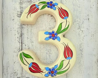 Glow-in-the-Dark Ceramic House Number: Hand-Painted Tulip Address Tile