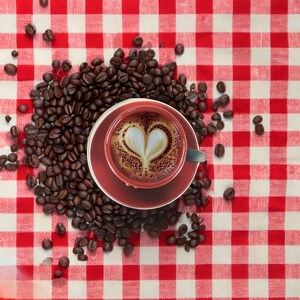 May include: A red and white checkered tablecloth with a cup of coffee on top. The coffee has a heart-shaped design in the foam.