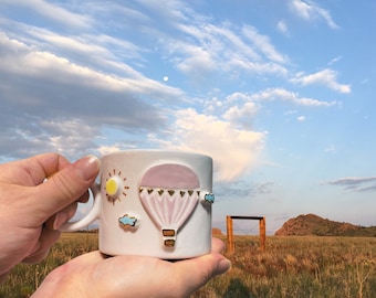Handmade Ceramic Coffee Mug: Whimsical Hot Air Balloon Design