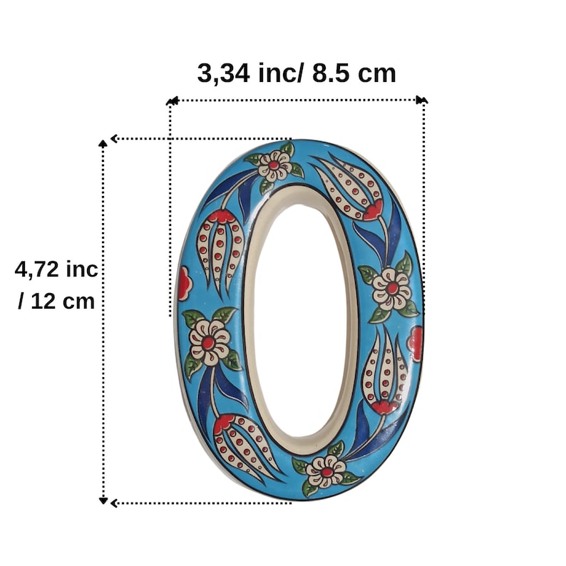 May include: A ceramic number 0 with a blue background and white, red, and green floral designs. The number is 4.72 inches tall and 3.34 inches wide.