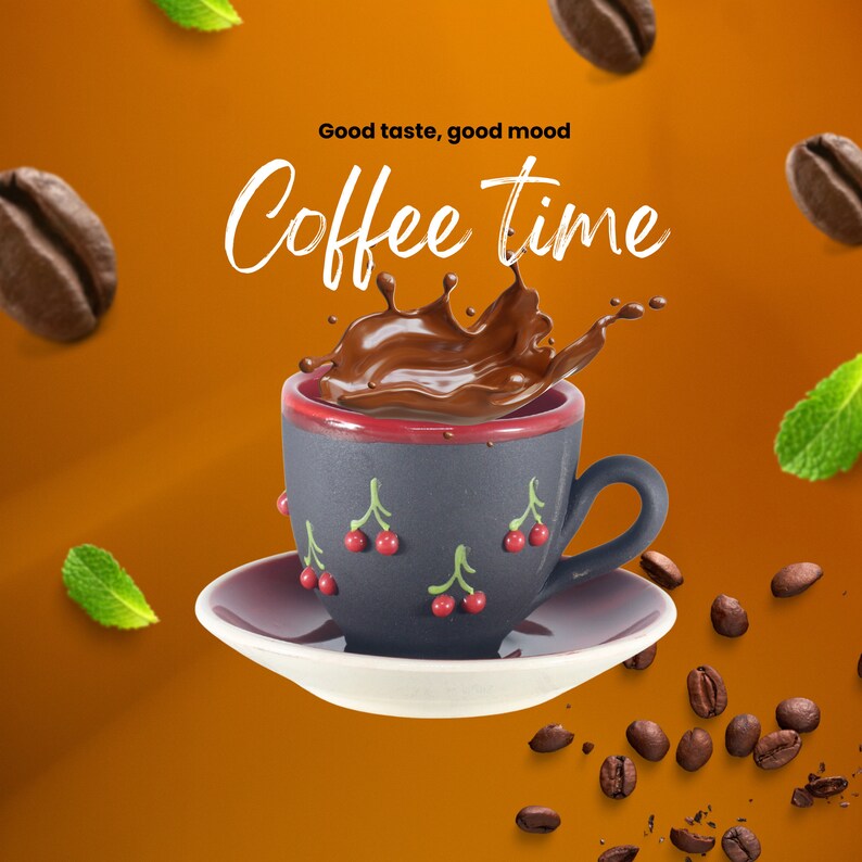 May include: A black and red ceramic coffee cup with a cherry design, filled with dark brown coffee splashing out of the cup. The text "Good taste, good mood Coffee time" is above the cup.
