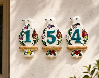 Ceramic House Number Bird, Hand Painted Address Plaque, Outdoor Door, Floral Sign, Cottage Garden Decor, Housewarming Gift