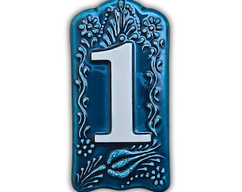 Handcrafted Deep Blue Ceramic House Number Tile: Turkish Design Address Plaque