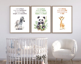 Positive Affirmation Wandkunst - Set von 7 Montessori Tiermotiven Poster, Spielzimmer & Klassenzimmer Dekor, sofort druckbares Geschenk