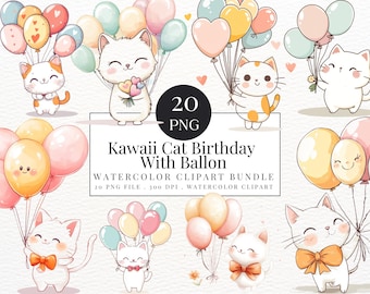 Kawaii Cat Birthday Clipart Set: Watercolor Doodle Graphics (Digital Download