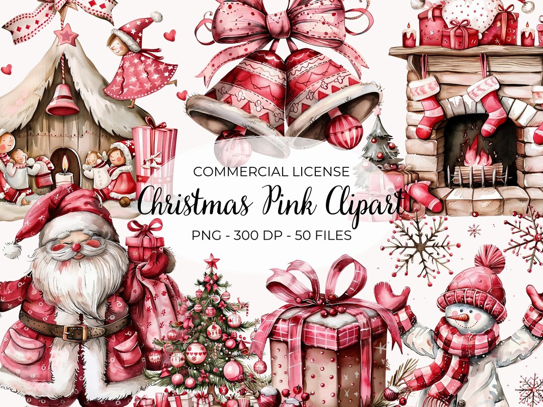 Pink Christmas Clipart: Watercolor Holiday PNG Bundle - Etsy