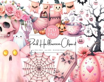 Clipart de Halloween Rosa: 170 PNGs em Aquarela Pastel (Download Digital)