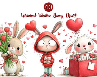 Whimsical Valentine Bunny Clipart: Lovers Bunnys Graphics (Digital Download - 40 PNGs)