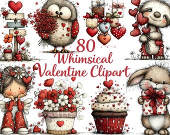 May include: A collection of whimsical Valentine's Day clipart featuring various illustrations. Includes an owl, sloth, bunny, and girl, all with hearts. The image also includes a cupcake, flowers, and gift boxes. The text reads "80 Whimsical Valentine Clipart."