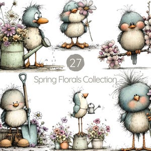 May include: Watercolor illustrations of adorable birds with spring flowers. The birds are depicted with blue and beige feathers, holding flowers, watering cans, and shovels. The text "Spring Florals Collection" is also visible.