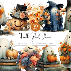 Pode incluir: Ilustração em aquarela de fantasmas com abóboras, flores e livros. Alguns fantasmas usam chapéus ou laços, outros seguram buquês ou cestas. O texto diz "Fall Ghost Clipart".