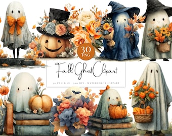 Clipart de fantasma de outono em aquarela: gráficos de Halloween de outono (download digital)
