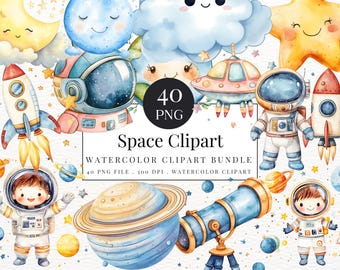 Watercolor Space Clipart Bundle: Planets, Rockets, Astronauts (Instant Download)