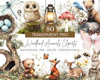Watercolor Woodland Animals Clipart: 80 Forest Baby Illustrations