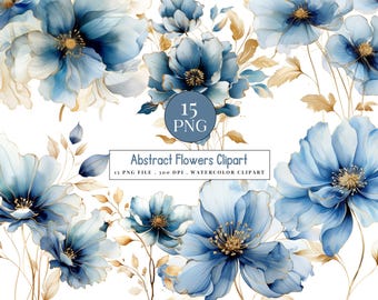 Clipart di fiori astratti blu e oro: PNG acquerellati (download digitale)
