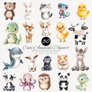 Cute Animals Clipart - Watercolor Animal PNG - Baby Animal Clipart - Cute Animal PNG - Animal Clip Art - Clipart Bundle - Instant Download