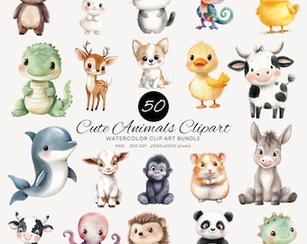 Watercolor Animal Clipart – 50 Illustrations, Nursery Art (Instant Download)