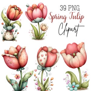39 nyckfulla akvarell tulpan clipart: Vårblommiga illustrationer (PNG)