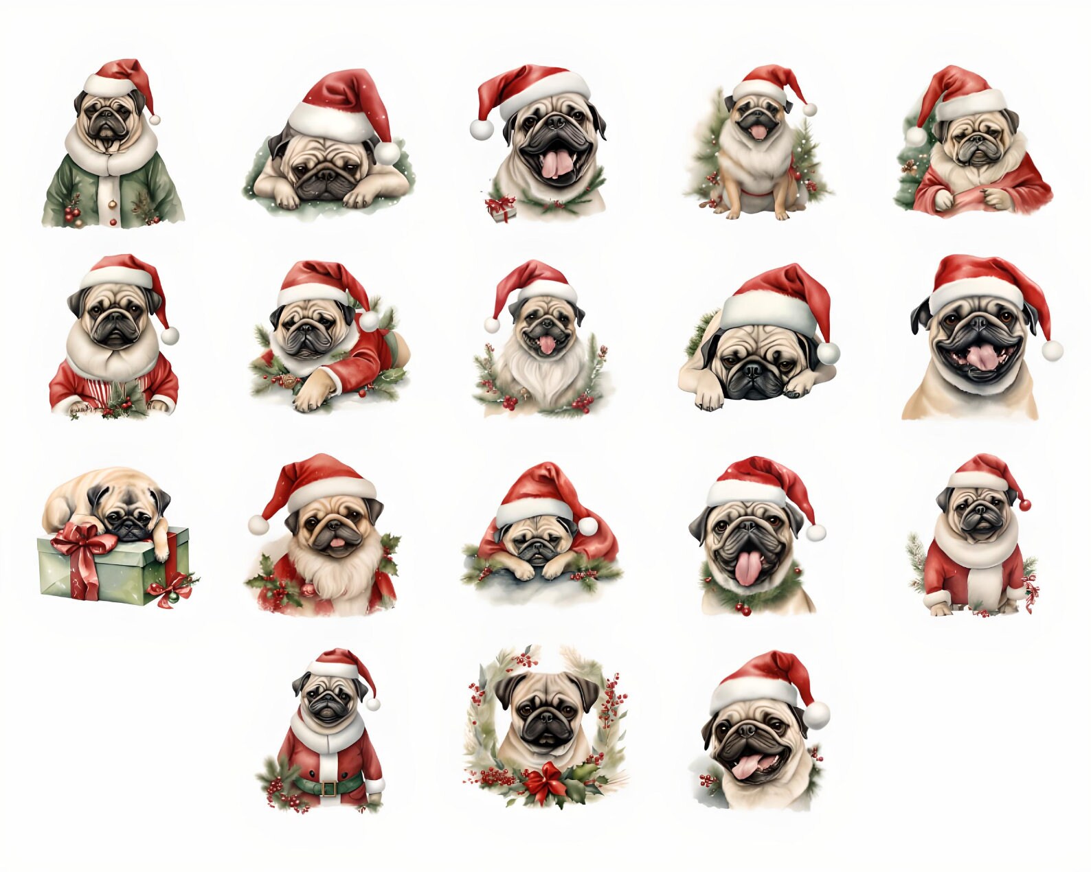 Christmas Pugs Clipart Pug Clipart, Holiday Graphics, Watercolor Dogs ...