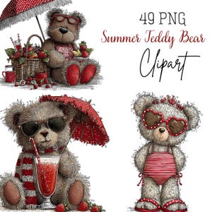 May include: A collection of summer-themed teddy bear clipart. The bears are wearing sunglasses, red and white striped accessories, and enjoying summer drinks. One bear is wearing a red and white striped swimsuit. The text "49 PNG Summer Teddy Bear Clipart" is also visible.