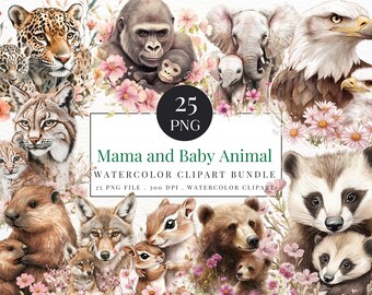 Watercolor Mama and Baby Animals Clipart: Woodland Nursery PNG (Digital Download)
