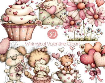 May include: Whimsical Valentine clipart featuring a cupcake, flowers, hearts, and adorable animal illustrations. The image includes a cupcake with heart-shaped decorations, pink and white flowers, and cute animal characters holding hearts and flowers.