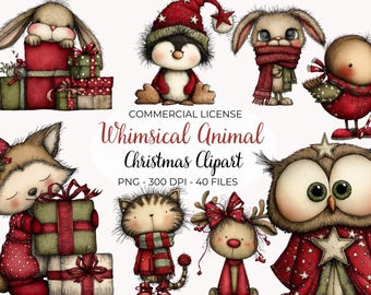 Könnte beinhalten: Eine Sammlung skurriler Weihnachts-Tier-Clipart-Illustrationen. Das Bild zeigt ein Kaninchen, einen Pinguin, eine Eule, einen Fuchs, eine Katze und ein Rentier, alle in festlicher Kleidung. Der Text "Whimsical Animal Christmas Clipart" ist ebenfalls vorhanden.
