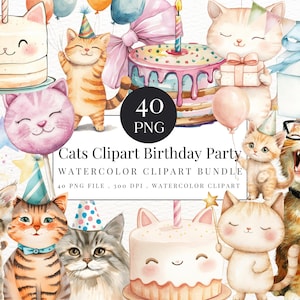 Katzen Clipart Geburtstagsparty - Aquarell Geburtstag Katze Clipart - Geburtstagsparty Dekor - Süße Katzen Clipart - Clipart für Kinder - PNG Download