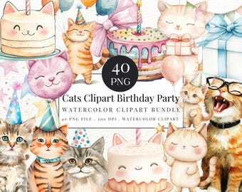 Watercolor Birthday Cat Clipart: 40 PNG Party Illustrations (Digital Download