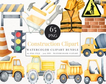 Watercolor Construction Clipart Bundle: Trucks, Diggers, Cranes (Instant Download)