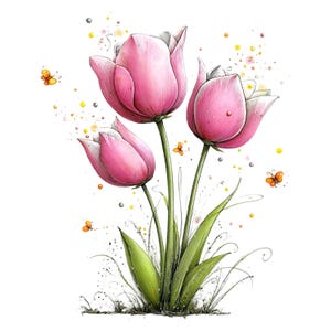 May include: A watercolour illustration of three pink tulips with green stems and leaves. Small orange butterflies and yellow and grey speckles surround the flowers. The tulips have white accents on the petals, set against a white background.