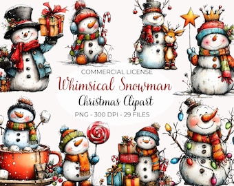 Grillige sneeuwpop kerst clipart - kerst cartoon illustraties - feestelijke vakantie - digitale download
