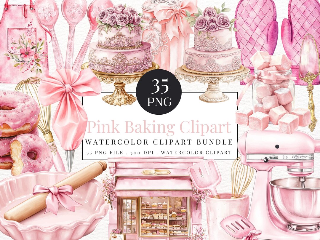 Watercolor Bakery Clipart: Pink Vintage Baking Illustrations (instant ...