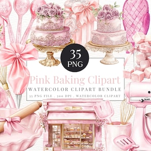 Pink Bakery Clipart - Watercolor Bakery Clipart - Cake Clipart - Vintage Baking PNG - Bakery Clipart - Dessert Clipart - Instant Download