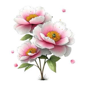 May include: A watercolour illustration of three pink peonies with yellow centres and white-edged petals. Green leaves and a brown stem support the flowers. Several pink petals are scattered around the flowers against a white background.