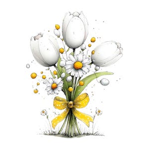 May include: A watercolour illustration of a bouquet featuring white tulips and daisies, tied with a yellow polka dot ribbon. The flowers have green stems and leaves, with small yellow accents. The background is white.