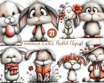 Könnte beinhalten: Eine Sammlung skurriler Osterhasen-Cliparts. Die Hasen werden in verschiedenen Posen dargestellt, einige halten Eier, Blumen oder Bücher. Die Farbpalette umfasst weiche Braun-, Grau- und Weißtöne mit Farbtupfern in Rot und Orange. Der Text "21 Whimsical Easter Rabbit Clipart" ist sichtbar.